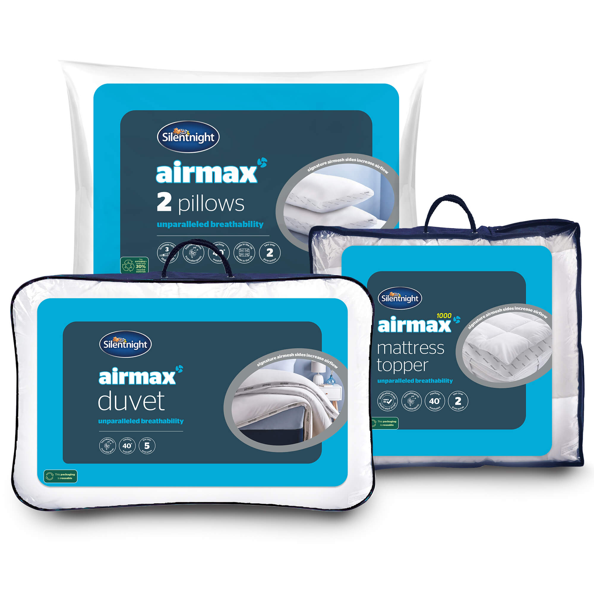 Silentnight Airmax 1000 Topper, Pillow Pair &amp; 10.5 Tog Duvet Bundle-image-990102008