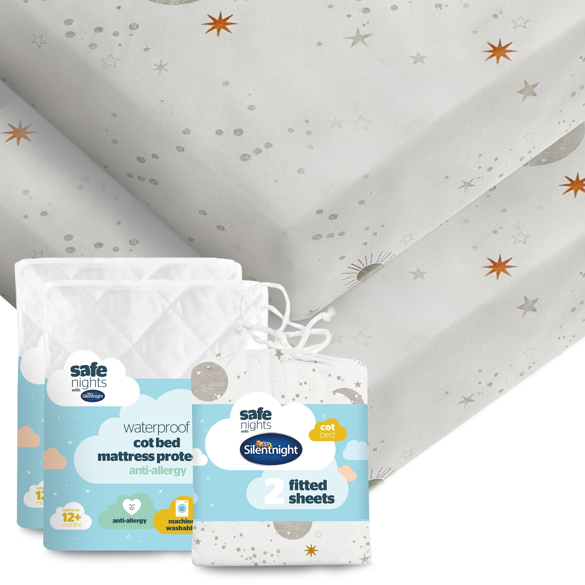 Silentnight Safe Nights Fitted Sheet &amp; 2 Pack Waterproof Mat Pro Bundle - Cot Bed-image-2800017624